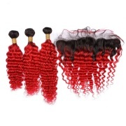 T1B/Red Deep Wave Remy Human Hair Bundles With Frontal 13x4 AHBF-125
