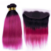 T1B/Rose Red Straight Remy Human Hair Bundles With Frontal 13x4 AHBF-103