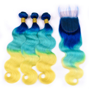 Blue/Light Blue/Yellow Body Wave Remy Human Hair Bundles With Closure 4x4 AHBC-172