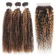 P4/27 Kinky Curly Remy Human Hair Bundles With Closure 4x4 AHBC-87