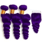 Purple Loose Wave Remy Human Hair Bundles With Closure 4x4 AHBC-179