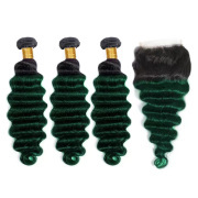T1B/Green Loose Deep Wave Remy Human Hair Bundles With Closure 4x4 AHBC-182