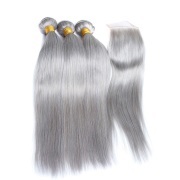 Silver Grey Straight Remy Human Hair Bundles With Closure 4x4 AHBC-183