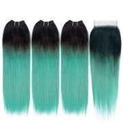 T1B/Green Straight Remy Human Hair Bundles With Closure 4x4 AHBC-184