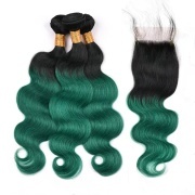 T1B/Green Body Wave Remy Human Hair Bundles With Closure 4x4 AHBC-139