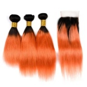 T1B/Orange Straight Remy Human Hair Bundles With Closure 4x4 AHBC-43