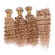 #27 Honey Blonde Deep Wave Remy Human Hair Bundles With Closure 4x4 AHBC-25