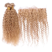 #27 Honey Blonde Kinky Curly Remy Human Hair Bundles With Frontal 13x4 AHBF-25