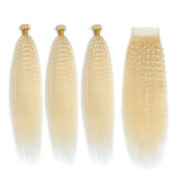 613 Blonde Kinky Straight Remy Human Hair Bundles With Closure 4x4 AHBC-203