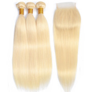 613 Blonde Straight Remy Human Hair Bundles With Closure 4x4 AHBC-199
