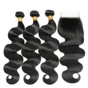 Natural Black Body Wave Remy Human Hair Bundles With Closure 4x4 AHBC-190