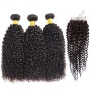 Natural Black Kinky Curly Remy Human Hair Bundles With Closure 4x4 AHBC-196
