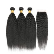 Natural Black Kinky Straight Remy Human Hair Bundles With Closure 4x4 AHBC-197