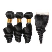 Natural Black Loose Wave Remy Human Hair Bundles With Closure 4x4 AHBC-192