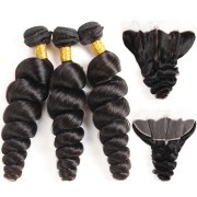 Natural Black Loose Wave Remy Human Hair Bundles With Frontal 13x4 AHBF-147