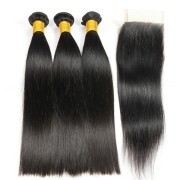 Natural Black Straight Remy Human Hair Bundles With Closure 4x4 AHBC-189