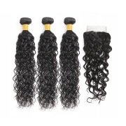 Natural Black Water Wave Remy Human Hair Bundles With Closure 4x4 AHBC-193