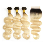 T1B/613 Blonde Body Wave Remy Human Hair Bundles With Closure 4x4 AHBC-205