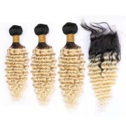 T1B/613 Blonde Deep Wave Remy Human Hair Bundles With Closure 4x4 AHBC-206