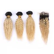 T1B/613 Blonde Kinky Curly Remy Human Hair Bundles With Closure 4x4 AHBC-207