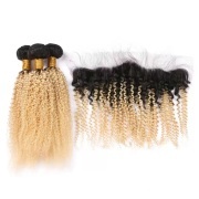 T1B/613 Blonde Kinky Curly Remy Human Hair Bundles With Frontal 13x4 AHBF-162