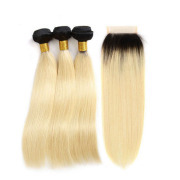 T1B/613 Blonde Straight Remy Human Hair Bundles With Closure 4x4 AHBC-204