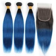T1B/Blue Striaight Remy Human Hair Bundles With Closure 4x4 AHBC-185