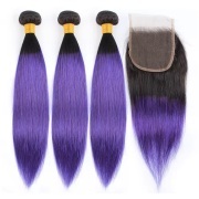 T1B/Purple Straight Remy Human Hair Bundles With Closure 4x4 AHBC-43