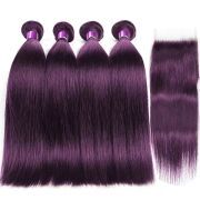 Dark Purple Straight Remy Human Hair Bundles With Closure 4x4 AHBC-217
