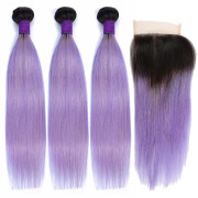 T1B/Light Purple Straight Remy Human Hair Bundles With Closure 4x4 AHBC-209