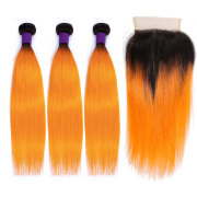 T1B/Orange Straight Remy Human Hair Bundles With Closure 4x4 AHBC-210