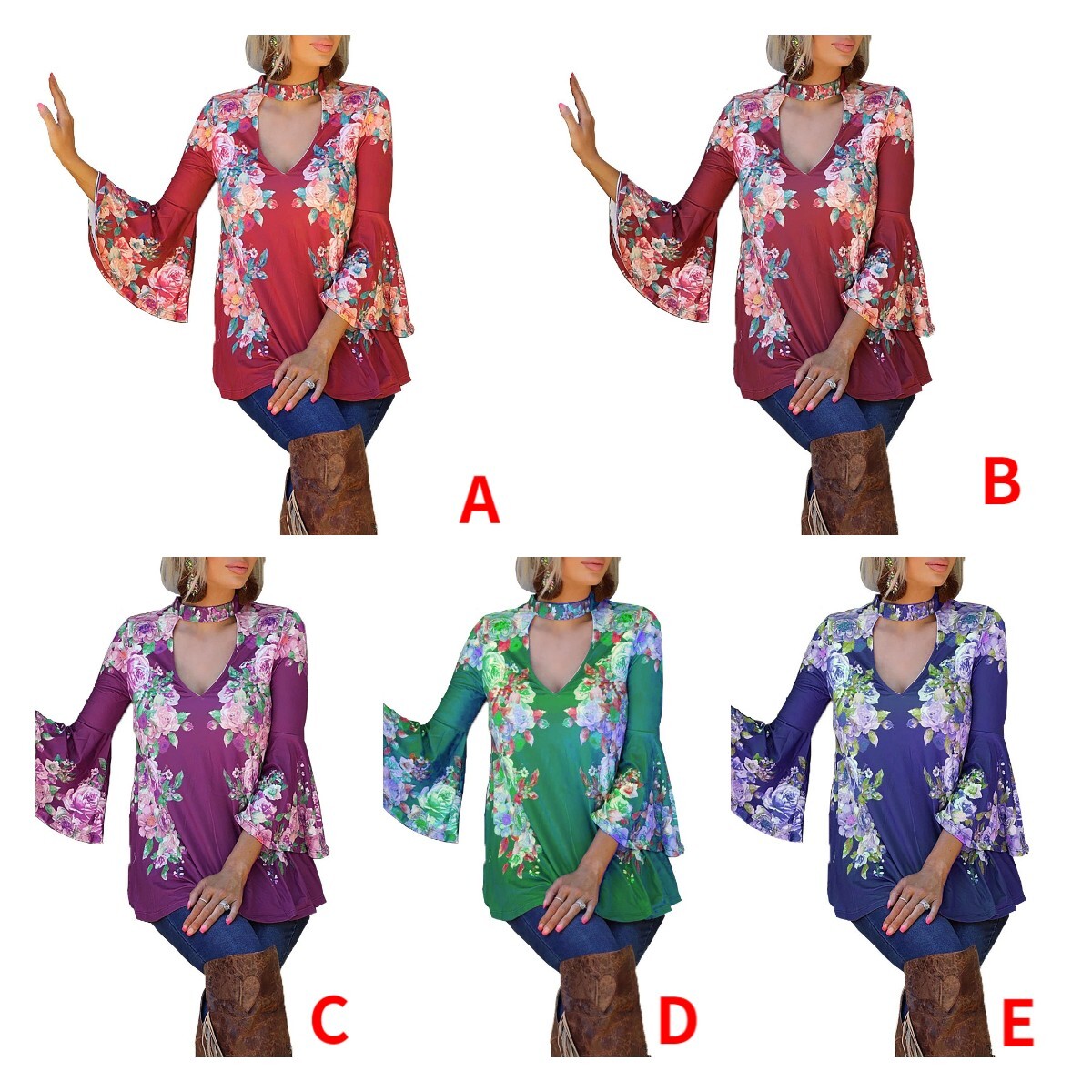 2021 Printed Trumpet Long Sleeve V-neck Casual Loose Dress C03649