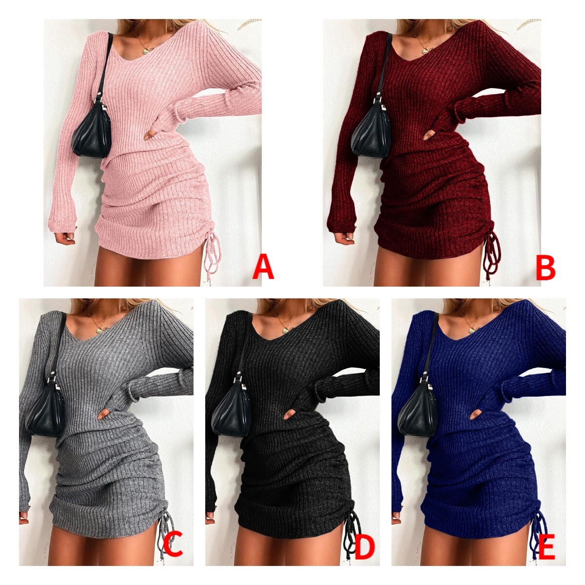 2021 Knitted V-Neck Long Sleeve Sexy Slim Threaded Skirt Pleated Drawstring Bottomed Skirt Dress F01F577