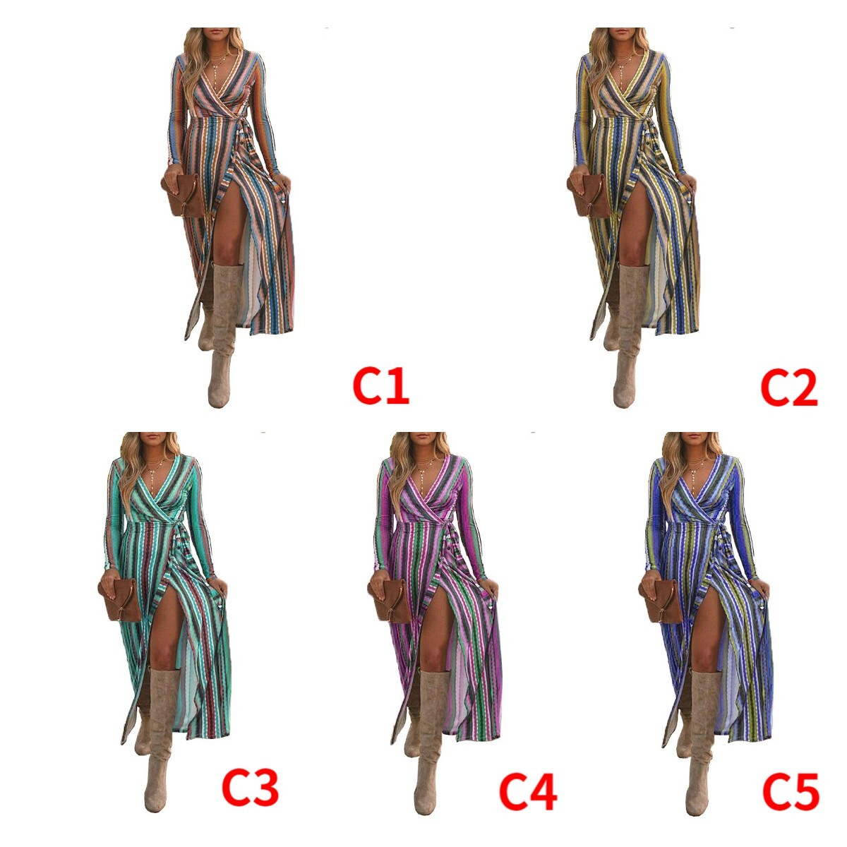 2021 Stripe Print Long Sleeve Sexy V-neck Split Lace Up Dress F01F578