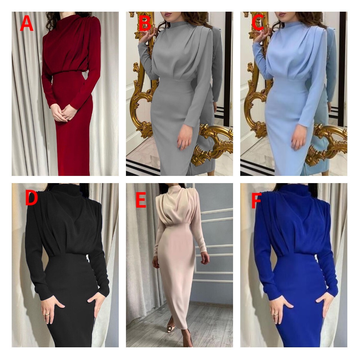 2021 Temperament Waist Closing Style Solid Color Long Sleeve Dress F01F580