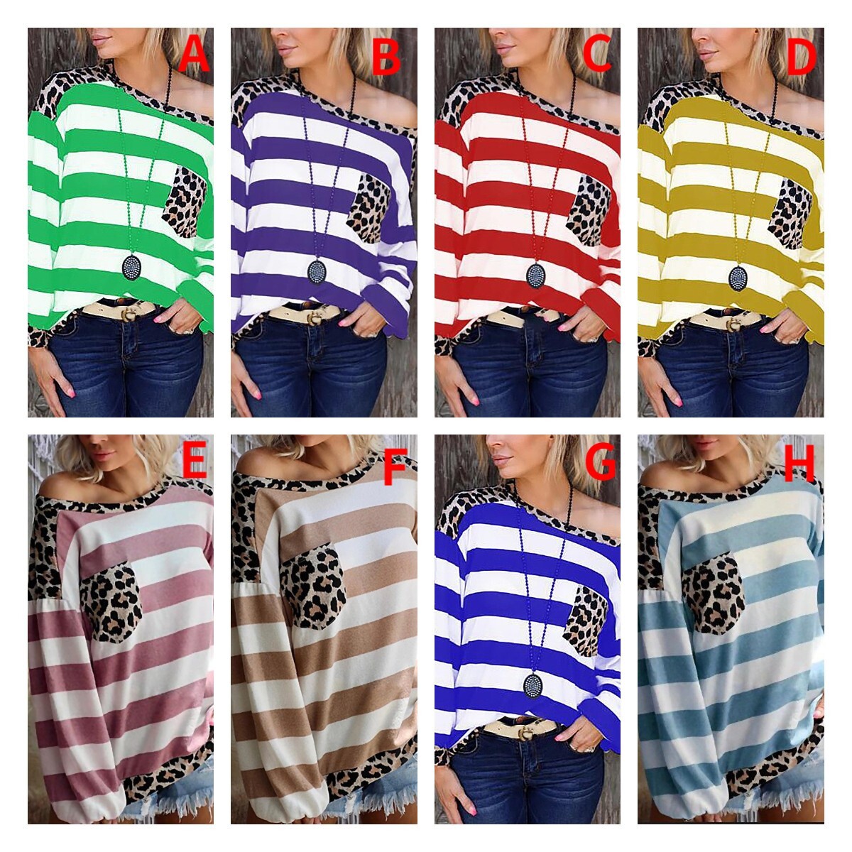 Striped Printed Long Sleeve Stitched Leopard Pocket Loose Women's Top Shirt C03660