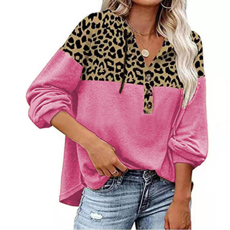 2021 Leopard Stitched Loose Casual Long Sleeve Hoodie Shirt C03666