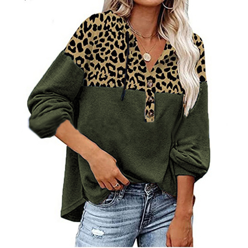 2021 Leopard Stitched Loose Casual Long Sleeve Hoodie Shirt C03666