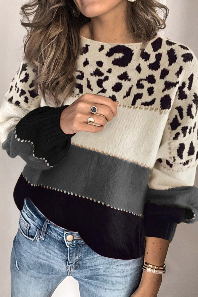 New Color Contrast Sweater Women's Loose Round Neck Bottomed Sweater C03669