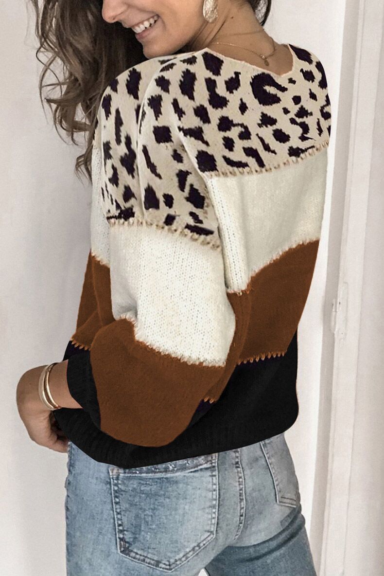 New Color Contrast Sweater Women's Loose Round Neck Bottomed Sweater C03669