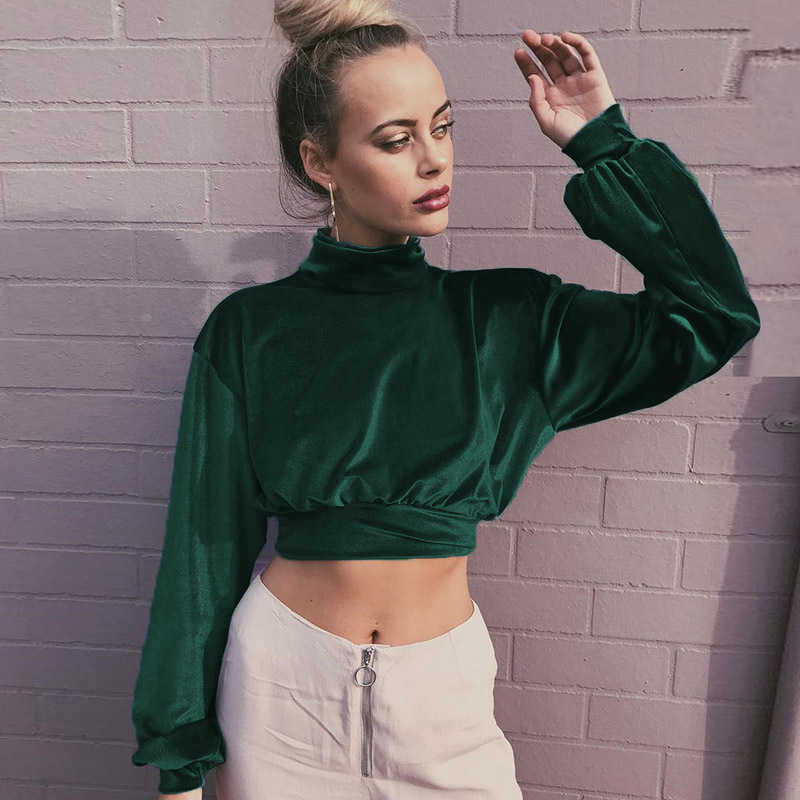 2021 Fashion High Neck Velvet Short Open Navel Thin Sweater Slim Long Sleeve Top C03670