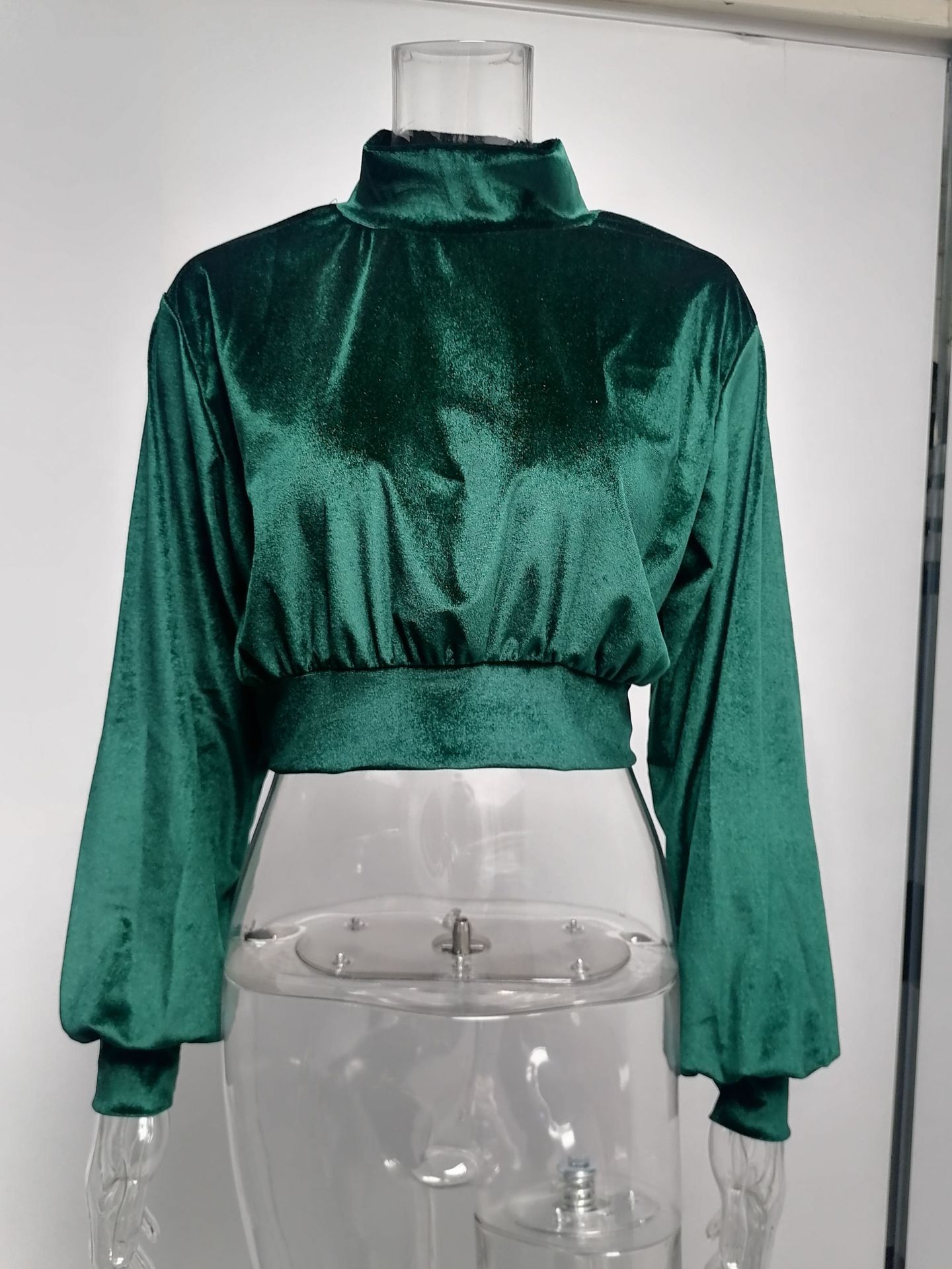 2021 Fashion High Neck Velvet Short Open Navel Thin Sweater Slim Long Sleeve Top C03670