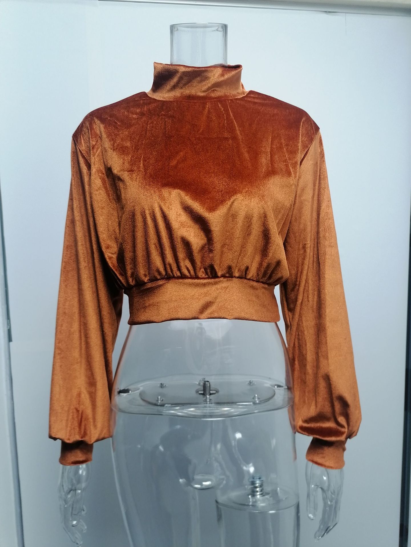 2021 Fashion High Neck Velvet Short Open Navel Thin Sweater Slim Long Sleeve Top C03670