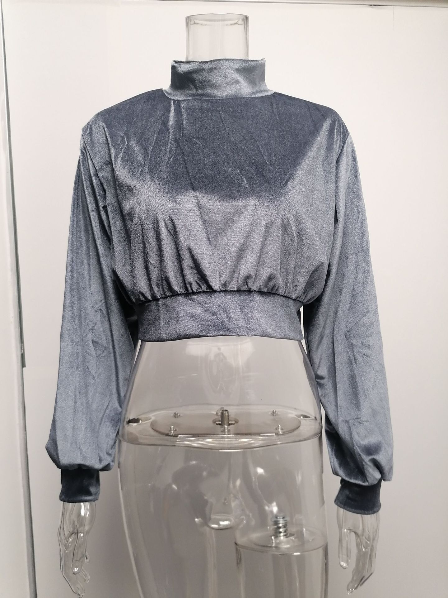 2021 Fashion High Neck Velvet Short Open Navel Thin Sweater Slim Long Sleeve Top C03670