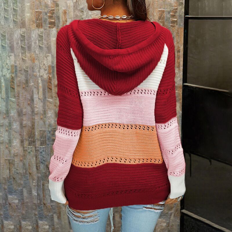 2021 Lace Up Sweater Long Sleeve Contrast Stitched Women's Coat C03672