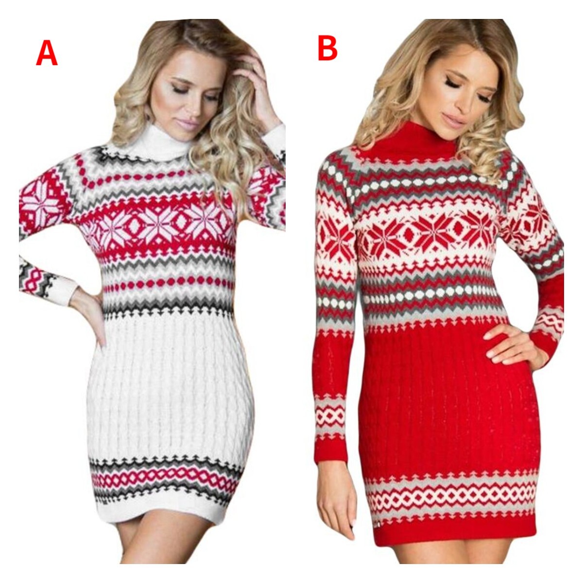 2021 Christmas Color Matching Long Sleeve Twist Women's Wool Woven Skirt Dress F01F588