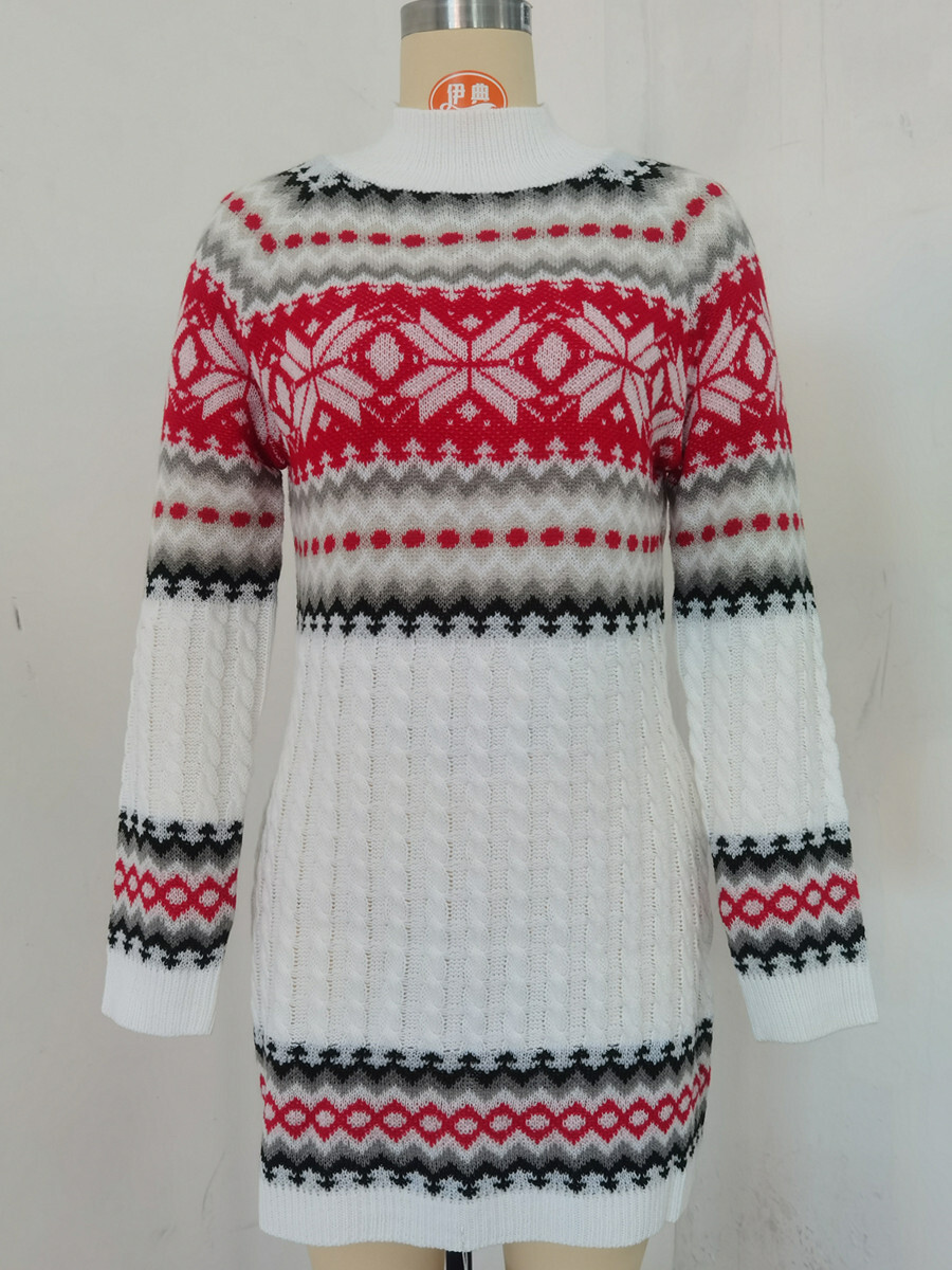 2021 Christmas Color Matching Long Sleeve Twist Women's Wool Woven Skirt Dress F01F588