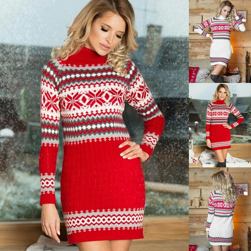 2021 Christmas Color Matching Long Sleeve Twist Women's Wool Woven Skirt Dress F01F588