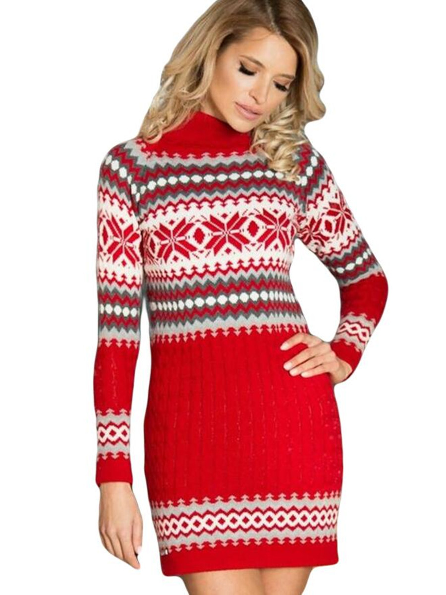 2021 Christmas Color Matching Long Sleeve Twist Women's Wool Woven Skirt Dress F01F588