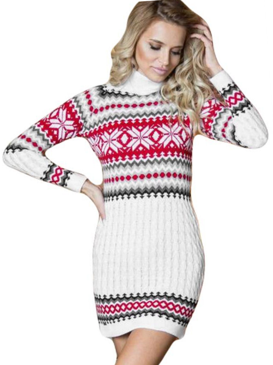 2021 Christmas Color Matching Long Sleeve Twist Women's Wool Woven Skirt Dress F01F588